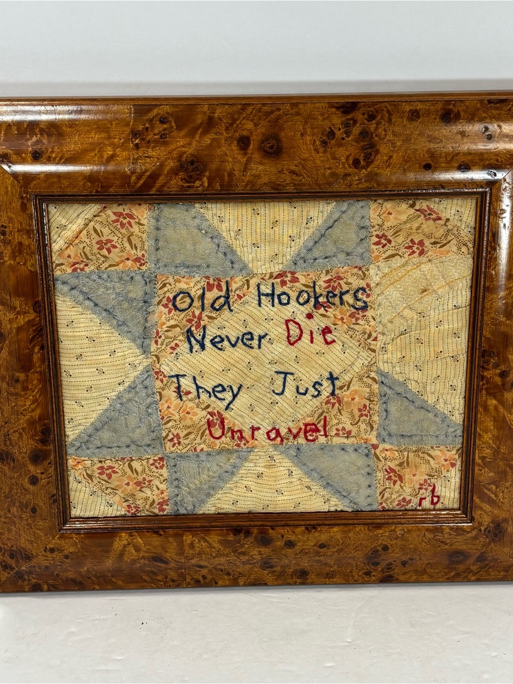 Vtg Handmade Wall Hanging Star Quilt Needlepoint -Hookers Never Die Just Unravel